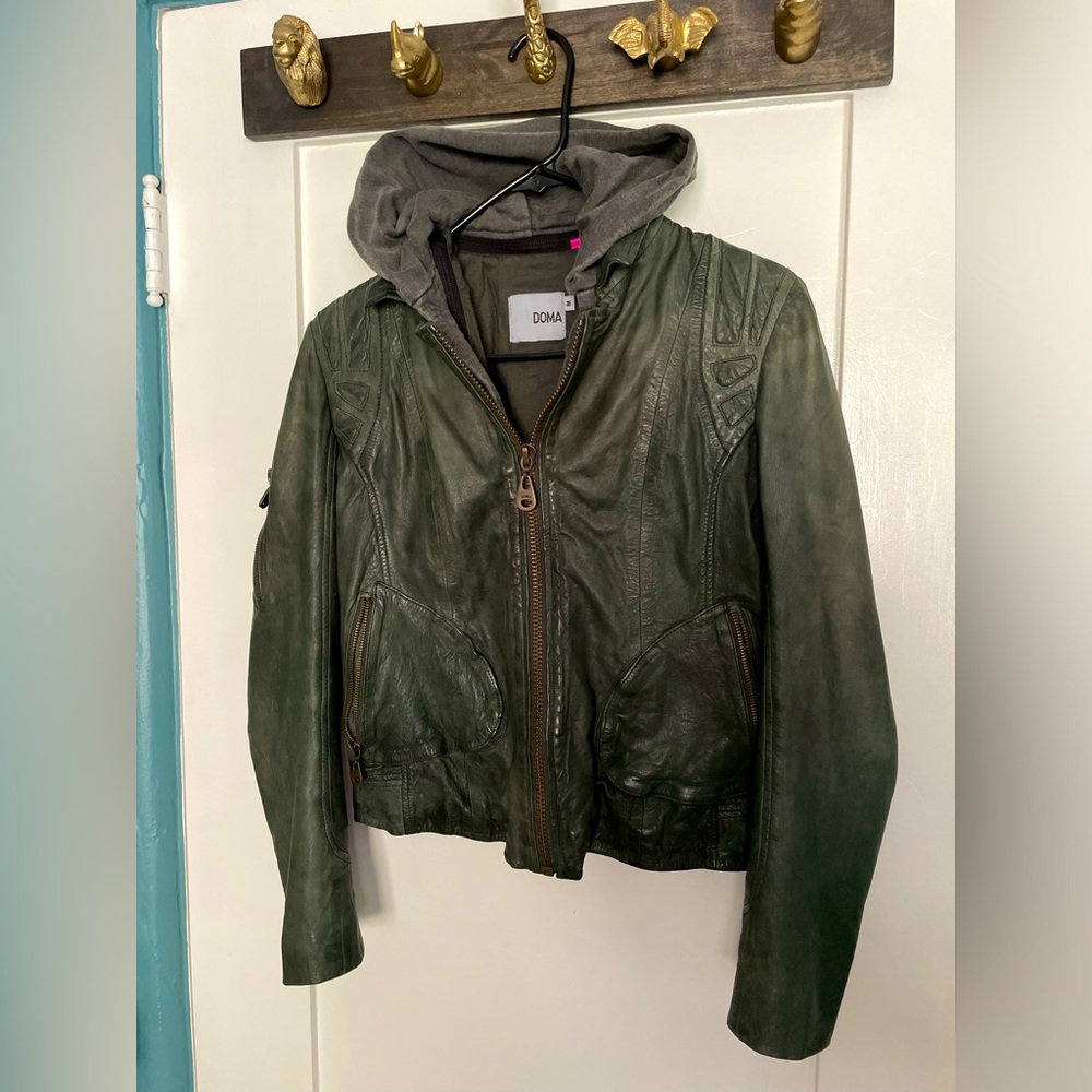 Doma Green Leather Jacket with Removable Hood